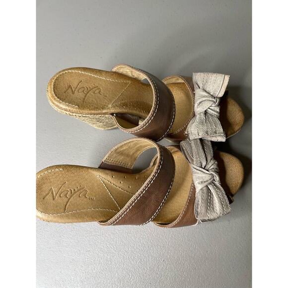 Naya Colette Bow Espadrille Wedge Sandal Slide Double Strap Leather Brown 6.5 W - Picture 6 of 8